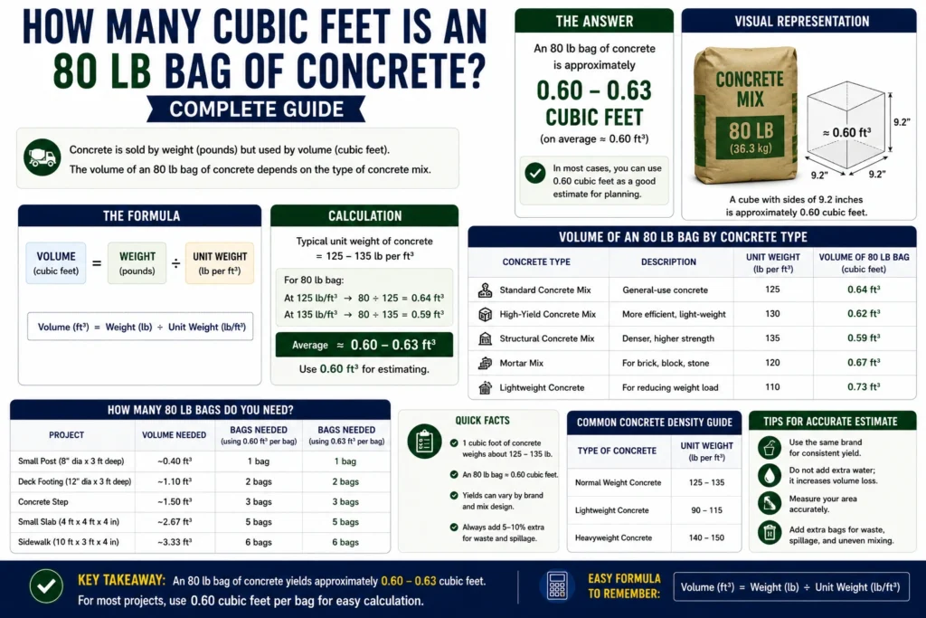 how many cubic feet 80 lb bag concrete